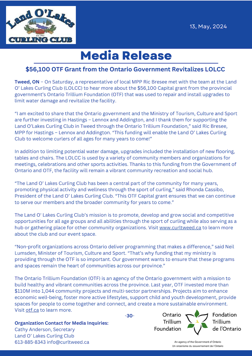 LOLCC OTF GRANT Press Release